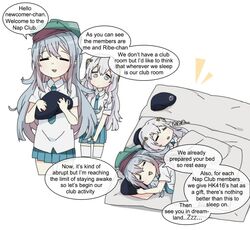  2girls beret blue_hair closed_eyes drooling g11_(girls_frontline) girls_frontline grey_hair hat holding korean_text lying mattress messy multiple_girls necktie pleated_skirt ribeyrolles_1918_(girls_frontline) school_uniform sidarim simple_background skirt sleeping speech_bubble translated 