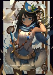  animal armpits artist_name bare_shoulders belt bird black_border black_hair blue_eyes blue_hat blue_scarf blurry border breasts character_name commentary cowboy_shot dragalia_lost dress english_commentary feathers female floating_hair half_updo hand_up hat hentaki highres long_hair looking_at_viewer odetta_(dragalia_lost) parted_lips patreon_username scarf sidelocks sleeveless sleeveless_dress small_breasts smile solo sparkle standing steering_wheel sword weapon white_dress 