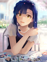  :d asymmetrical_bangs bead_necklace beads black_bow blue_hair blush bow braid chair commentary_request cup day female hand_on_own_shoulder hinoshita_akame idolmaster idolmaster_million_live! jewelry looking_at_viewer medium_hair nanao_yuriko necklace on_chair open_mouth outdoors petals photo_(object) pov_across_table see-through short_sleeves sitting smile solo sunlight table tareme tea teacup upper_body yellow_eyes 