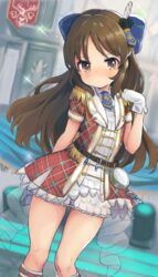  across_the_stars_(idolmaster) bow brown_eyes brown_hair buckle commentary_request epaulettes feathers female gloves hairbow highres idolmaster idolmaster_cinderella_girls idolmaster_cinderella_girls_starlight_stage long_hair plaid plaid_skirt skirt solo tachibana_arisu tetsujin_momoko 