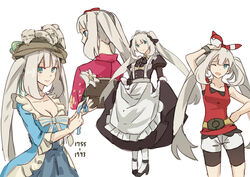  ;d bike_shorts breasts cleavage commentary_request cosplay dress fate/grand_order fate_(series) female flower grey_hair hat holding holding_poke_ball hsin japanese_clothes kimono long_hair looking_at_viewer maid marie_antoinette_(animejapan_2016)_(fate) marie_antoinette_(fate) may_(pokemon) may_(pokemon)_(cosplay) medium_breasts multiple_views official_alternate_costume one_eye_closed open_mouth poke_ball poke_ball_(basic) pokemon pokemon_oras reference_sheet shorts simple_background smile twintails white_background 