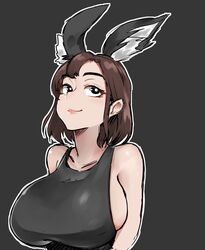  animal_ears black_background black_eyes breasts brown_hair bunny_ayumi commentary_request female highres huge_breasts looking_up medium_hair outline rabbit_ears real_life shirofugu sideboob simple_background smile solo upper_body white_outline 