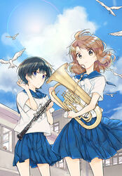  2girls bird black_hair blue_eyes brown_eyes brown_hair cloud commentary_request day dove euphonium hami_(lvct) hibike!_euphonium instrument lens_flare multiple_girls oboe official_art oumae_kumiko photoshop_(medium) school_uniform serafuku short_hair standing yoroizuka_mizore 