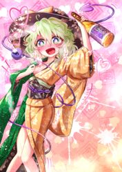  +++ alcohol alternate_costume arm_up blush bottle bow breasts commentary_request drooling drunk female furisode green_eyes green_hair hair_between_eyes hat hat_bow heart highres holding holding_bottle japanese_clothes kimono knees_together_feet_apart komeiji_koishi looking_at_viewer nomayo nose_blush obi open_mouth saliva sash small_breasts solo sweat tasuki third_eye touhou wide_sleeves yellow_bow 