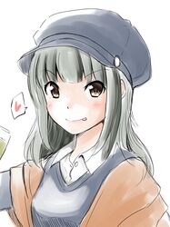  beret black_hat black_sweater brown_eyes commentary_request female grey_hair hair_down hat heart highres kantai_collection looking_at_viewer orange_shawl shawl simple_background smile solo spoken_heart sweater tongue tongue_out upper_body white_background yano_toshinori yuubari_(kancolle) 