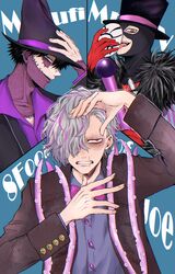  3boys boku_no_hero_academia bow bowtie dabi_(boku_no_hero_academia) hat highres mask multicolored_hair multiple_boys nashimo_(artist) sako_atsuhiro shigaraki_tomura tagme top_hat witch_hat 