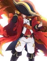  1boy ascot belt bicorne blue_eyes boots brown_hair cannon cigar cloak commentary_request epaulettes facial_hair fate/grand_order fate_(series) goatee hat highres large_hat lighter long_sideburns male_focus napoleon_bonaparte_(fate) neo_kabocha over_shoulder oversized_clothes sideburns smoking solo weapon weapon_over_shoulder 