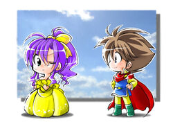  1boy ahoge alternate_costume bartz_klauser blue_eyes boots bow brown_hair cape chibi commentary_request crossed_arms dress elbow_gloves faris_scherwiz female final_fantasy final_fantasy_5 gloves hair_ribbon hairbow naotonu one_eye_closed ponytail popped_collar purple_hair ribbon sarisa_highwind_tycoon smile spoilers standing 