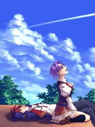  1boy black_legwear cloud day eiyuu_densetsu female kloe_rinz kneehighs lechter_arundel lying ootori_(hitsuji_nohara) purple_eyes purple_hair red_hair school_uniform short_hair sky socks sora_no_kiseki 