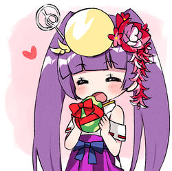  :d bare_shoulders blunt_bangs blush closed_eyes commentary_request facing_viewer female flower hair_flower hair_ornament hakama hakama_skirt headpiece heart holding japanese_clothes kimono long_hair open_mouth pikomarie purple_hair purple_hakama puzzle_&amp;_dragons red_flower ribbon_trim skirt smile solo twintails very_long_hair white_kimono yomi_(p&amp;d) 