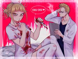  1boy blonde_hair blood bloody_clothes boku_no_hero_academia bubaigawara_jin cigarette female glasses hat holding holding_knife holding_weapon knife lab_coat messy_hair nashimo_(artist) nurse nurse_cap thighhighs toga_himiko weapon white_legwear yellow_eyes 