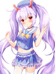  :o anchor_symbol animal_ears azur_lane bare_shoulders beret blue_choker blue_hat blue_shirt blue_skirt blue_sleeves blush bow bowtie breasts choker commentary_request detached_sleeves female hairbow hands_up hat head_tilt kedama_(kedama_akaza) laffey_(azur_lane) laffey_(bunny_clerk?)_(azur_lane) long_hair midriff navel official_alternate_costume parted_lips pleated_skirt puffy_short_sleeves puffy_sleeves purple_hair rabbit_ears red_bow red_eyes sailor_collar school_uniform serafuku shirt short_sleeves sidelocks simple_background skirt sleeveless sleeveless_shirt small_breasts solo thighhighs twintails very_long_hair white_background white_sailor_collar white_thighhighs yellow_bow yellow_bowtie 