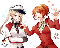  2girls ;d aquila_(kancolle) blonde_hair brown_hair character_name commentary_request cross flag german_flag gloves graf_zeppelin_(kancolle) grey_eyes hair_between_eyes hat high_ponytail iron_cross italian_flag kantai_collection long_hair military military_hat military_uniform multiple_girls nan_(nanyayyay) one_eye_closed open_mouth peaked_cap sidelocks smile twintails uniform waving wavy_hair yellow_eyes 