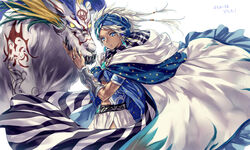  1boy bandana blue_bandana blue_cape blue_eyes blue_hair body_piercings bracelet cape closed_mouth crop_top deumion dragon earrings final_fantasy final_fantasy_ii gem hood hoodie jewelry looking_at_camera looking_at_viewer mage male_focus midriff monster pixiv ring short_hair silver_hair simple_background standing striped white_background white_cape 