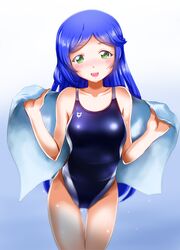  :d aoba_rinka ass_visible_through_thighs blue_hair blue_one-piece_swimsuit blurry blush breasts c-wing collarbone commentary_request competition_swimsuit cowboy_shot depth_of_field female gradient_background green_eyes groin hands_up head_tilt highres holding holding_towel kiratto_pri_chan long_hair looking_at_viewer one-piece_swimsuit open_mouth parted_bangs pretty_series shiny_clothes sidelocks smile solo swimsuit thigh_gap towel very_long_hair 