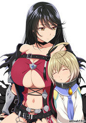  1boy :o age_difference arm_at_side arm_guards armor bare_shoulders belt belt_buckle black_hair blue_gemstone blue_necktie breasts brown_eyes brown_hair buckle center_opening cleavage closed_mouth collar collarbone commentary_request eyebrows female gem hair_between_eyes highres kloah laphicet_(tales) large_breasts light_smile long_hair long_sleeves navel necktie onee-shota parted_lips simple_background sitting sleeping sleeping_upright smile stomach straight tales_of_(series) tales_of_berseria torn_clothes underboob velvet_crowe white_background 