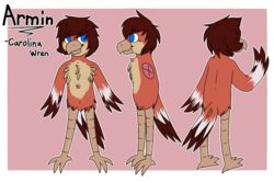  2016 aliasing anthro armin_seed avian beak bird blue_eyes carolina_wren certhioid digital_media_(artwork) feathers fur hair looking_at_viewer male model_sheet multicolored_body multicolored_fur nude orange_body orange_fur pectus_carinatum side_view silverc236 simple_background smile solo standing wren 