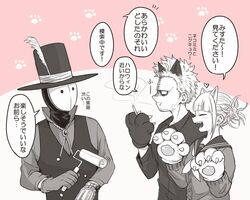  2boys animal_ears bangs blunt_bangs boku_no_hero_academia bubaigawara_jin cardigan cat_ears cigarette closed_eyes double_bun fake_animal_ears female hair_bun hat heart mask messy_hair multiple_boys nashimo_(artist) sako_atsuhiro school_uniform serafuku tagme toga_himiko top_hat translation_request 