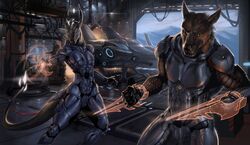  5_fingers aaros amazing_background anthro armor bioware black_body black_fur black_nose black_scales brown_body brown_fur canid canine canis day detailed detailed_background dragon duo electronic_arts fingers fur future green_eyes grey_eyes hi_res hologram horn male mammal mass_effect mythological_creature mythological_scalie mythology omni-blade omni-tool scales scalie standing tail weapon wide_hips wolf 