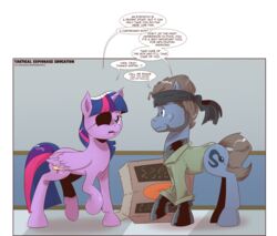  2018 alicorn alpha_channel beard box container cutie_mark dialogue duo english_text equid equine eye_patch eyewear facial_hair female friendship_is_magic hasbro hi_res horn horse konami male mammal meta metal_gear my_little_pony mythological_creature mythological_equine mythology naked_snake ponification pony saturdaymorningproj speech_bubble text twilight_sparkle_(mlp) voice_actor_joke wings 