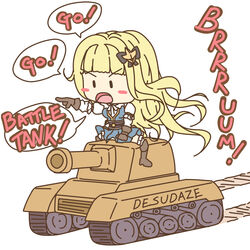  arm_ribbon bad_id bad_pixiv_id black_ribbon blonde_hair blue_dress blunt_bangs boots char_(sennen_sensou_aigis) chibi commentary_request dress english_text female frills furrowed_brow gloves hair_ornament hair_ribbon highres kagamimochi_(kagamochi) long_hair military military_vehicle motor_vehicle open_mouth pleated_skirt pointing puffy_sleeves ribbon sennen_sensou_aigis simple_background skirt solo speech_bubble straddling tank tank_turret tongue tread_marks white_background white_legwear 