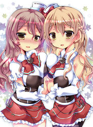  2girls asymmetrical_docking bad_id bad_pixiv_id bare_shoulders blonde_hair blush braid breast_press breasts brown_eyes commentary_request corset french_braid grey_hair hat kantai_collection large_breasts long_hair looking_at_viewer mini_hat miniskirt multiple_girls pantyhose pola_(kancolle) skirt wavy_hair yoroi_nau zara_(kancolle) 