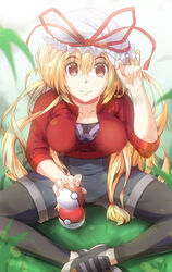  alternate_costume alternate_eye_color black_shorts blonde_hair breasts commentary_request cosplay cropped_jacket eyebrows female female_protagonist_(pokemon_go) female_protagonist_(pokemon_go)_(cosplay) grass hair_between_eyes hat hat_ribbon highres indian_style large_breasts leggings long_hair mob_cap nanase_nanami photoshop_(medium) poke_ball poke_ball_(basic) pokemon pokemon_go red_eyes ribbon shoes shorts sitting smile sneakers solo touhou wavy_hair yakumo_yukari 