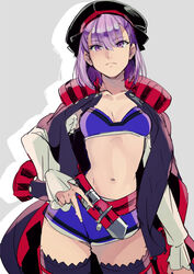  bangs black_hat breasts closed_mouth collarbone commentary_request eyebrows_visible_through_hair fate/grand_order fate_(series) hat helena_blavatsky_(fate/grand_order) highres long_sleeves looking_at_viewer navel purple_eyes purple_hair purple_legwear shimo_(s_kaminaka) simple_background small_breasts solo thighhighs thighs v white_background zettai_ryouiki 