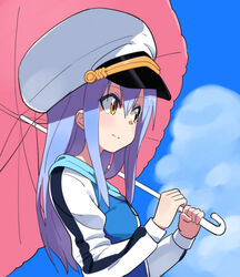  blue_hair blue_jacket blue_sky blush brown_eyes closed_mouth cloud commentary day english_commentary female hair_between_eyes hat holding holding_umbrella hood hood_down hooded_jacket island_(game) jacket long_hair long_sleeves looking_away ohara_rinne outdoors peaked_cap pink_umbrella sky smile solo tonmoh umbrella white_hat 