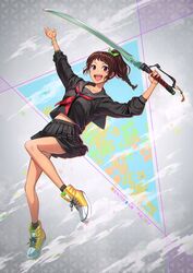  :d abstract_background arm_up black_footwear black_shirt black_skirt blouse bow braid braided_ponytail brown_hair commentary_request dated female full_body green_bow hairbow highres holding holding_sword holding_weapon jumping kito_(kito_mozooo) looking_at_viewer midriff_peek miniskirt navel neckerchief open_mouth pleated_skirt purple_eyes school_uniform serafuku shirt shoes sidelocks single_braid skirt smile sneakers socks solo sword tassel touran-sai triangle weapon wristband yellow_footwear 