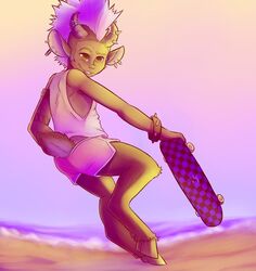  action_pose armpit_hair beach body_hair bottomwear clothing furfit hooves horn hotpants huckleberry humanoid looking_at_viewer male outside pose rear_view satyr seaside seductive shirt shorts skateboard solo tank_top topwear vehicle 