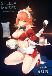  absurdres ahoge apron bag bare_shoulders black_bow black_bowtie blush bow bowl bowtie breasts cleavage closed_mouth commentary_request copyright_name cream crop_top detached_collar detached_sleeves female fire fishnet_thighhighs fishnets floating frills full_body green_eyes hand_up highleg highres holding holding_bowl juliet_sleeves kneeling kyuri_tizu large_breasts long_hair long_sleeves looking_at_viewer maid maid_apron maid_headdress midriff miniskirt navel official_art orange_hair paper_bag pencil_skirt photoshop_(medium) puffy_sleeves red_footwear red_skirt salt_shaker see-through shoes skindentation skirt smile solo sparkle stella_maiden stomach striped_bow striped_bowtie striped_clothes sun_(stella_maiden) thighhighs tray waist_apron whisk white_apron white_thighhighs zettai_ryouiki 