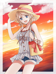  bag bare_shoulders blue_eyes casual collarbone commentary_request dutch_angle female hat light_brown_hair love_live! love_live!_sunshine!! ocean short_hair shorts solo sun_hat sunset tm-pika watanabe_you 