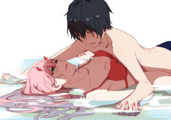  1boy absurdres artist_name bad_id bad_pixiv_id bikini bikini_top_only black_hair blue_eyes blush breast_press breasts chenaze57 chinese_commentary cleavage collarbone commentary_request couple darling_in_the_franxx english_commentary engrish_commentary female floating_hair green_eyes hand_on_another&#039;s_arm highres hiro_(darling_in_the_franxx) holding_hands horns interlocked_fingers long_hair looking_at_another lying lying_on_person male_swimwear medium_breasts mixed-language_commentary nail_polish no_panties on_back on_stomach oni_horns partially_submerged pink_hair red_bikini red_horns red_nails short_hair straight swim_trunks swimsuit topless_male water wet zero_two_(darling_in_the_franxx) 