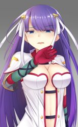  bad_id bad_pixiv_id blue_eyes blush breasts center_opening cleavage doyachii elbow_gloves fate/grand_order fate_(series) female gloves grey_background hair_ornament highres long_hair looking_at_viewer martha_(fate) medium_breasts navel open_mouth purple_hair red_gloves short_sleeves simple_background solo 