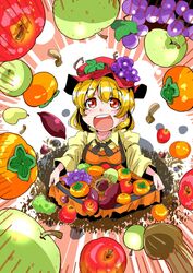  aki_minoriko apple apron apron_basket black_bow black_bowtie blonde_hair bow bowtie chestnut commentary_request female food food-themed_hair_ornament fruit grape_hair_ornament grapes hair_ornament hat highres juliet_sleeves long_sleeves looking_up mob_cap mushroom open_mouth orange_apron pear persimmon puffy_sleeves red_eyes red_hat shinapuu shirt short_hair skirt_basket smile solo sweet_potato touhou wide_sleeves yellow_shirt 