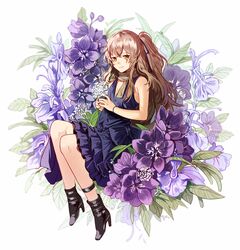  alternate_costume ankle_strap black_footwear black_nails blush boots brown_hair casual commentary crossed_bangs dress english_commentary female flower full_body girls&#039;_frontline hair_between_eyes hair_ornament high_heel_boots high_heels holding holding_flower layered_dress long_hair looking_at_viewer nail_polish official_alternate_costume one_side_up purple_dress scar scar_across_eye scar_on_face scarf sidelocks silence_girl sitting sleeveless sleeveless_dress smile solo ump45_(diamond_flower)_(girls&#039;_frontline) ump45_(girls&#039;_frontline) wristband yellow_eyes 