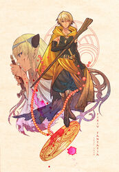  1boy alex_the_sage_in_yellow antiholiday bad_id bad_pixiv_id belt black_gloves blonde_hair blood blood_on_face blood_on_jewelry braid brown_footwear cane commentary_request copyright_name elbow_gloves empty_eyes eye_socket falia_the_queen_of_the_mountains female fire gloves holding holding_sword holding_weapon hood hood_down jewelry long_hair necklace pixiv_fantasia pixiv_fantasia_last_saga pointy_ears profile sidelocks simple_background standing sword twin_braids weapon wide_sleeves yellow_cloak 