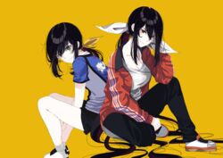  absurdres black_hair commentary green_eyes hair_between_eyes hair_ribbon hanebado! hanesaki_ayano hanesaki_uchika highres long_hair mike.zen mother_and_daughter ponytail ribbon shirt short_sleeves simple_background sitting smile sportswear sweat very_long_hair yellow_background 