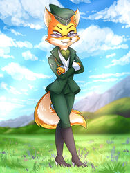  2018 3:4 absurd_res anthro arinadler biped boots bottomwear brown_nose canid canine clothing cloud eyelashes eyewear female footwear fox glasses grass hat headgear headwear hi_res high_heeled_boots high_heels looking_at_viewer lt._fox_vixen mammal military_uniform mountain nature pants plant sek_studio shoes sky smile solo squirrel_and_hedgehog tail uniform 