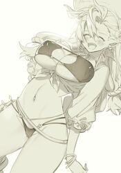  almeida_(granblue_fantasy) bikini breasts closed_eyes commentary_request covered_nipples crop_top draph female granblue_fantasy happy hat jpeg_artifacts koza_game large_breasts long_hair monochrome navel open_mouth protected_link simple_background solo sun_hat swimsuit tan white_background 