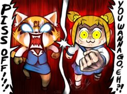  :3 aggretsuko ailurid angry anthro bottomwear clothing crossover digital_media_(artwork) duo english_text female hair hi_res human looking_at_viewer mammal pencil_skirt pop_team_epic popuko red_panda retsuko sanrio skirt speech_bubble teeth text thewill yelling 