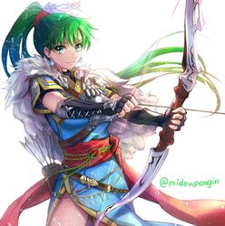  arrow_(projectile) black_gloves bow_(weapon) closed_mouth commentary_request dress earrings female fingerless_gloves fire_emblem fire_emblem:_the_blazing_blade fire_emblem_heroes gloves green_eyes green_hair holding holding_bow_(weapon) holding_weapon jewelry long_hair lyn_(fire_emblem) lyn_(lady_of_the_wind)_(fire_emblem) mintes ponytail quiver short_sleeves side_slit simple_background smile solo twitter_username weapon white_background 