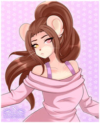  :&lt; angry arms_out border brown_hair bust_portrait button_nose chinchilla chinchillid cinnamon_(sinamuna) clothing exposed_shoulder female fur glaring hair heterochromia long_hair mammal nupudinscully pink_body pink_eyes pink_fur ponytail portrait pouting rodent solo sweater topwear white_border yellow_eyes 