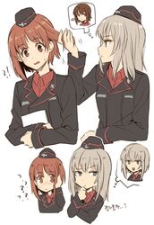  3girls :d akni alternate_hairstyle black_jacket blue_eyes blush brown_eyes brown_hair check_commentary commentary_request garrison_cap girls_und_panzer grey_hair hat itsumi_erika jacket korean_commentary kuromorimine_military_uniform long_hair long_sleeves military military_uniform multiple_girls nishizumi_maho nishizumi_miho open_mouth red_shirt shirt short_hair simple_background smile sweatdrop thinking thought_bubble uniform white_background 