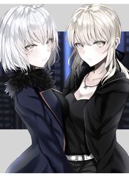  2girls ahoge artoria_pendragon_(fate) bad_id bad_twitter_id belt black_jacket black_ribbon blonde_hair blue_jacket breasts cleavage closed_mouth fate/grand_order fate_(series) fur_trim hair_ribbon highres jacket jeanne_d&#039;arc_alter_(fate) jeanne_d&#039;arc_alter_(ver._shinjuku_1999)_(fate) ka1se1 large_breasts looking_at_viewer medium_breasts medium_hair multiple_girls official_alternate_costume ribbon saber_alter saber_alter_(ver._shinjuku_1999)_(fate) short_hair upper_body white_hair yellow_eyes 