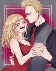  1boy alternate_hairstyle bangs blonde_hair blunt_bangs boku_no_hero_academia bubaigawara_jin dress earrings female hair_down jewelry long_hair messy_hair nashimo_(artist) toga_himiko 