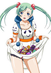  blue_eyes candy collarbone dress earrings eyebrows female food ghost green_hair hair_bobbles hair_ornament halloween hood hood_down ikkitousen jack-o&#039;-lantern jewelry long_hair looking_at_viewer magatama magatama_earrings open_mouth photoshop_(medium) pom_pom_(clothes) shokatsuryou_koumei simple_background skirt_basket skirt_hold solo twintails white_background 