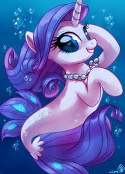  2018 absurd_res alternate_species blue_background blue_eyes bubble equid european_mythology eyebrows eyelashes eyeshadow female feral fin fish friendship_is_magic gem greek_mythology grin hair hasbro hi_res hippocampus hooves horn jewelry long_hair looking_at_viewer makeup mammal marine mascara my_little_pony mythology necklace pearl_(gem) pearl_necklace portrait pose purple_hair rarity_(mlp) scales sea signature simple_background smile solo split_form teeth underwater water white_body white_scales whitediamonds 