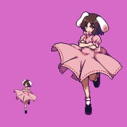  animal_ears bad_id bad_twitter_id commentary dress female inaba_tewi jewelry oshouyu_tabetai pendant pink_background pink_dress pixel_art rabbit_ears rabbit_girl rabbit_tail solo tail touhou 